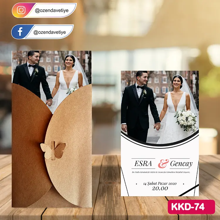 ozen-davetiye-Düğün Davetiyesi - Kelebekli Kraft Zarflı Davetiye Model No:74